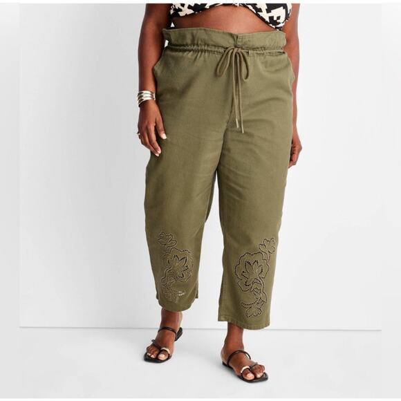 Future Collective w/ Jenny K Lopez Pants Cropped Drawstring Ankle Army Green 16 - Picture 1 of 8